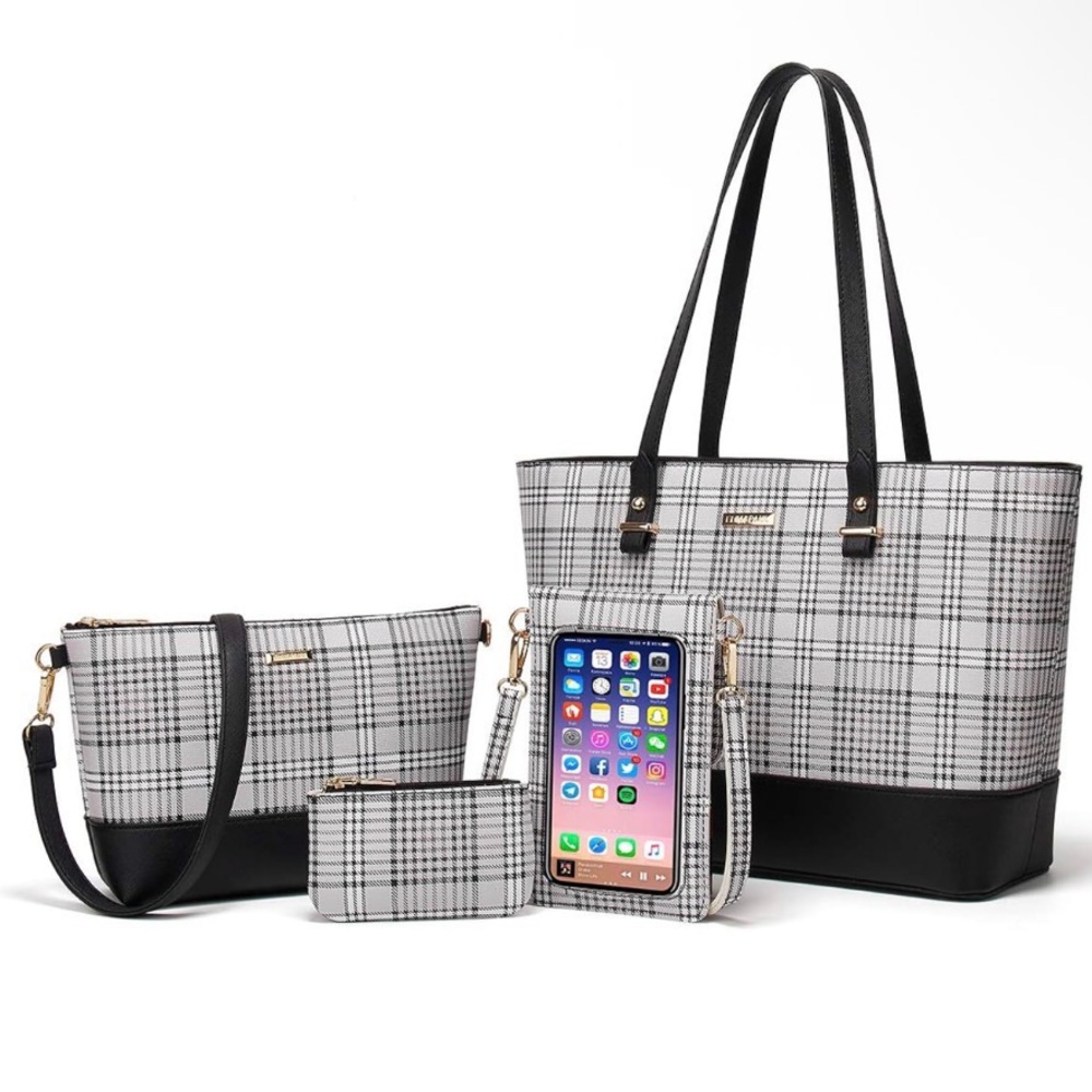 4Pcs Plaid Tote Bag Set with Black Accents